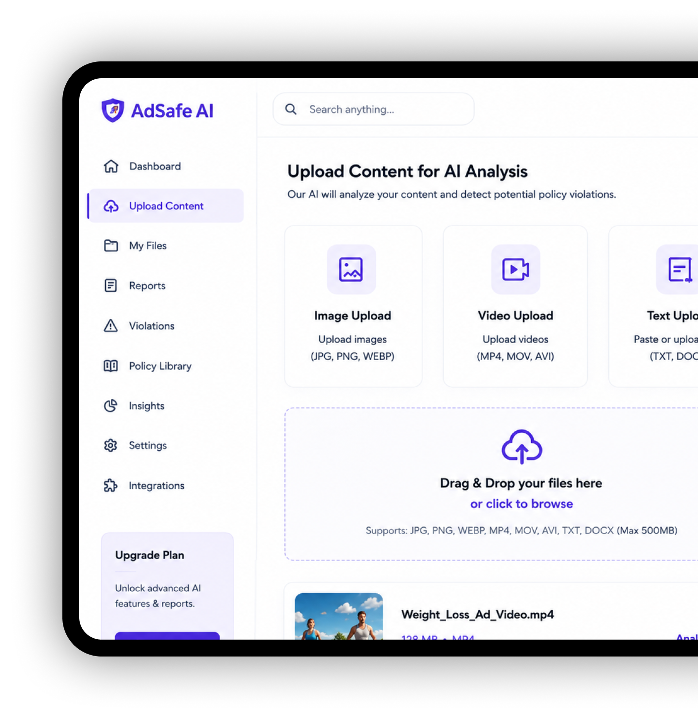 Adsfe AI - Glimpse of Platform